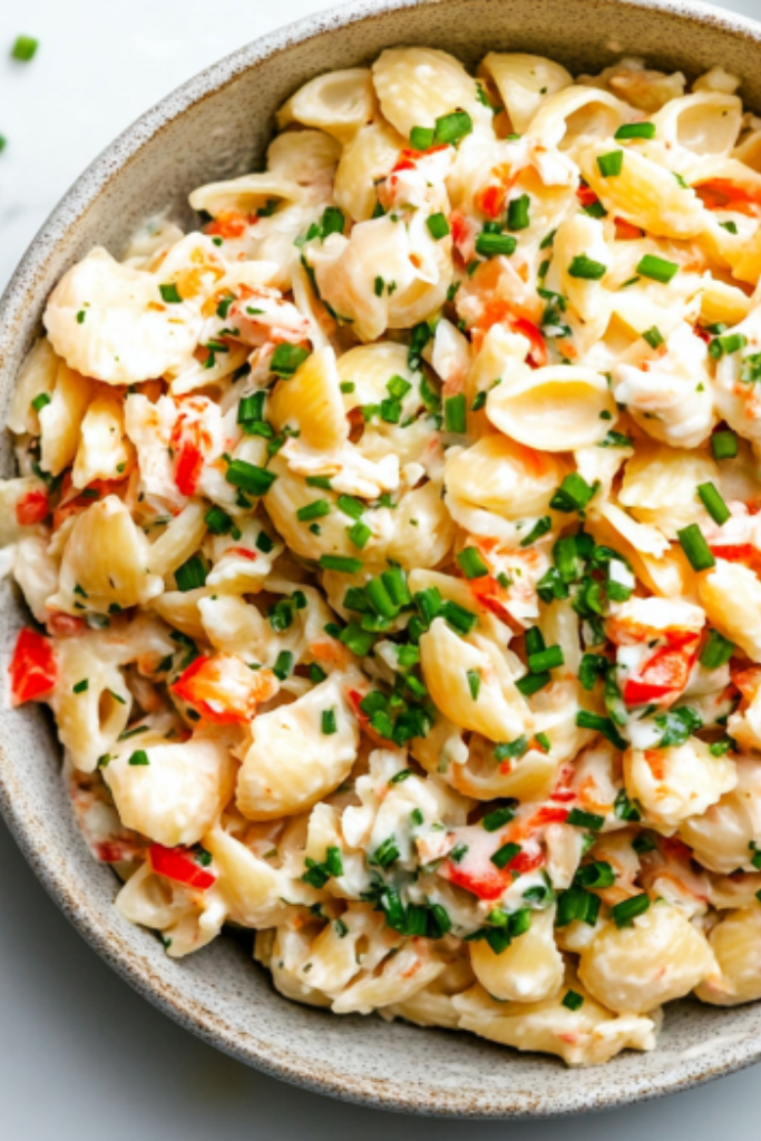 The image shows Crab-Pasta-Salad ready to serve