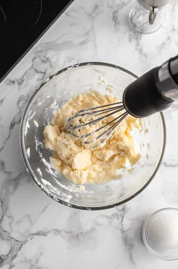 A glass mixing bowl on the white marble cooktop, where softened butter and sugar are being creamed together with a hand mixer until light and fluffy.