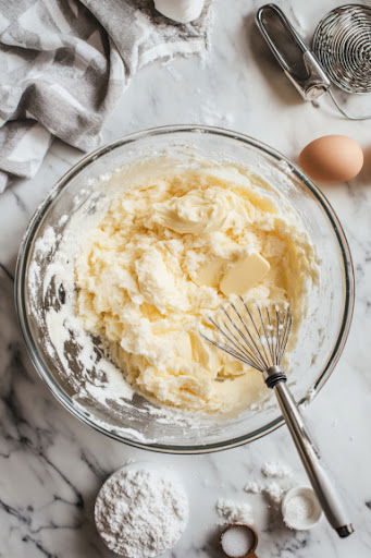 This image shows a large bowl with sugar and butter being creamed together until light and smooth using a hand mixer.