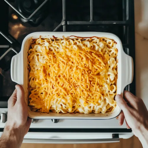 This image shows a delicious creamy chicken and halloumi pasta bake topped with golden, bubbling cheddar cheese, served in an ovenproof dish.]