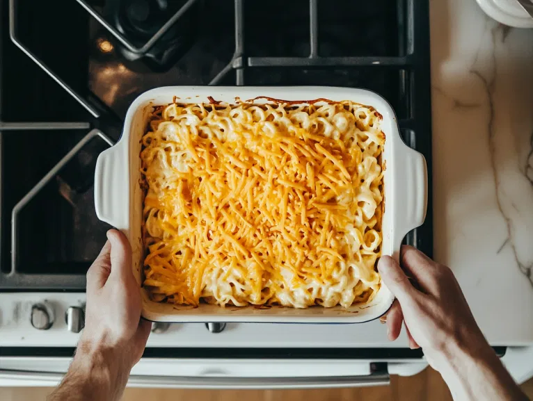 This image shows a delicious creamy chicken and halloumi pasta bake topped with golden, bubbling cheddar cheese, served in an ovenproof dish.]