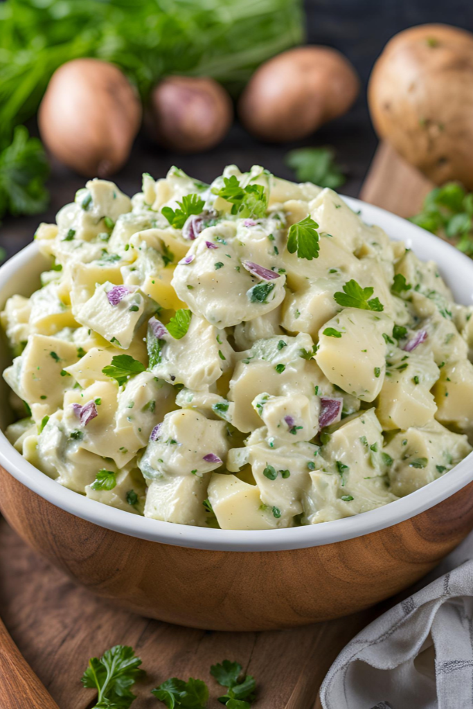 The image shows creamy potato salad ready to serve