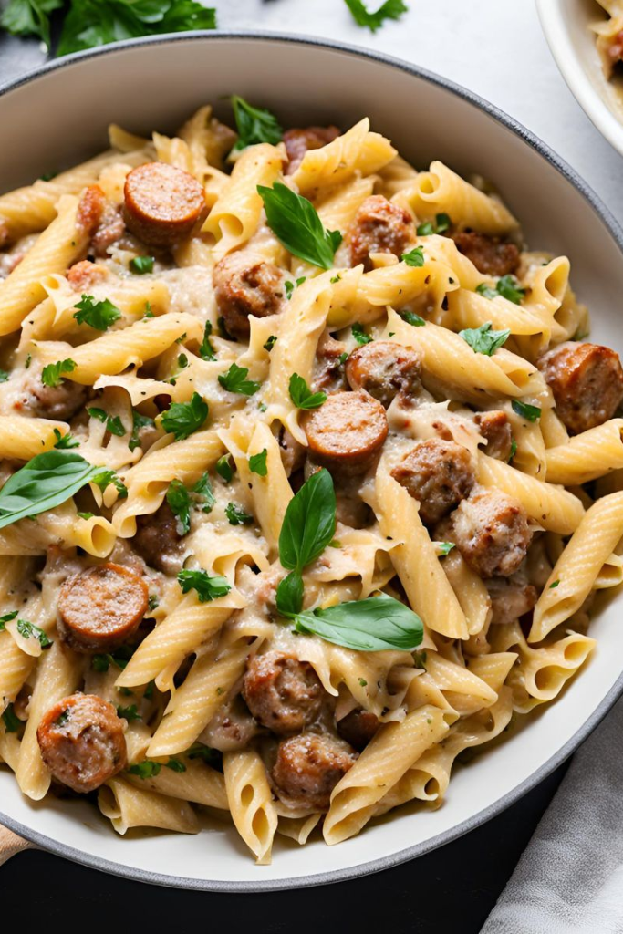 the image shows Creamy-Sausage-Pasta ready to serve