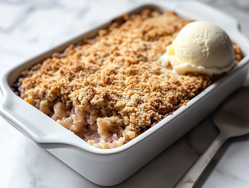 This image shows a warm serving of fruit crumble in a bowl, topped with a scoop of vanilla ice cream. The ice cream is slightly melting over the golden, crispy topping