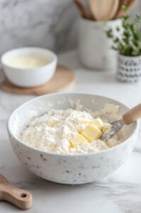 This image shows butter being cut into the dry mixture until fully incorporated and crumbly.