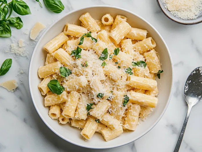 This image shows a plate of creamy rigatoni pasta topped with fresh basil and grated Parmesan, served in an elegant setting perfect for date night.