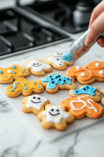 Completely cooled cookies being decorated with tinted frosting using piping bags and a knife on the white marble cooktop. The colorful Halloween designs are coming to life.