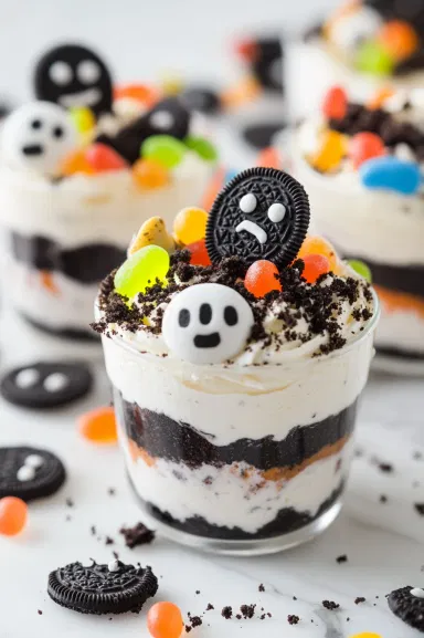 The final layer of Oreo crumbs on top of the mousse in each cup, decorated with Milano tombstones, gummy worms, and edible candy eyes. The dirt cups are ready to serve on the white marble cooktop.