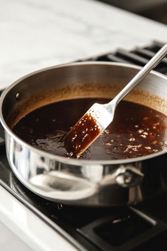 This image shows a splash of wine or vermouth being poured into the pot with browned onions. The liquid is bubbling as it lifts up the browned bits from the bottom of the pot.