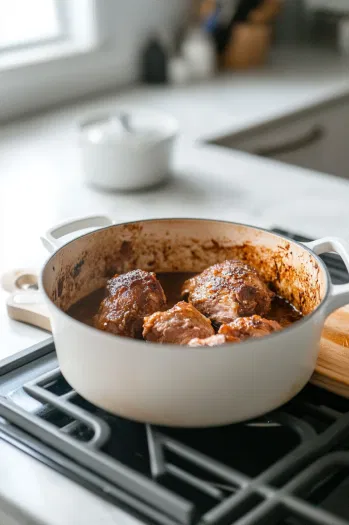 This image shows apple cider vinegar being poured into the Dutch oven, deglazing the pot and lifting up browned bits from the bottom with a wooden spoon.