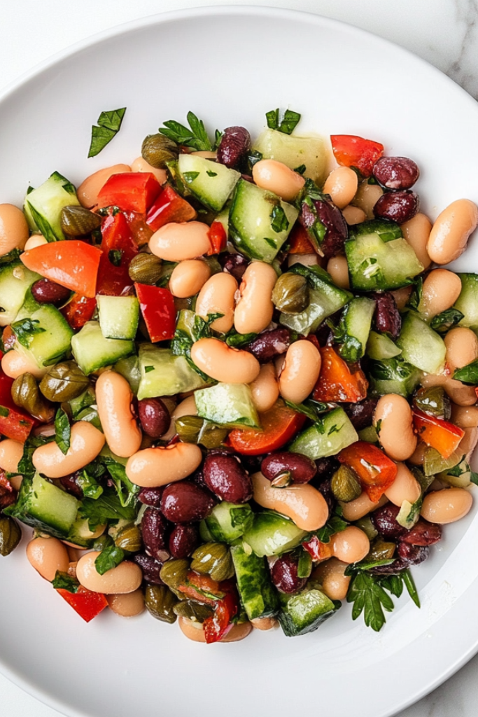 The image shows dense bean salad ready to serve