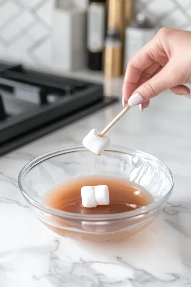 A hand holds a marshmallow by the straw, dipping it into the melted candy coating in the glass bowl over the white marble cooktop, ensuring the marshmallow is fully covered."