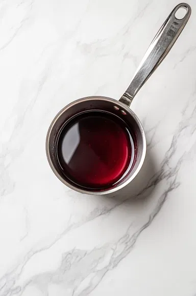 A small saucepan on the white marble cooktop with 2 cups of the raspberry and cranberry mixture, sprinkled with gelatin. The mixture is being warmed over low heat and stirred to dissolve the gelatin completely.