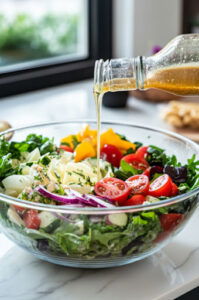 This image shows the walnut dressing being drizzled over the salad in the large bowl.