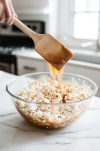 The caramel sauce is poured in a thin stream over the popped popcorn in the large glass mixing bowl on the white marble cooktop. A wooden spatula stirs the popcorn to ensure an even caramel coating