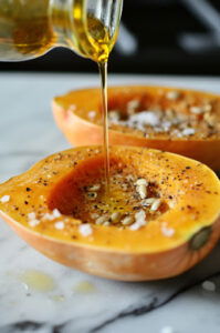 This image shows the cut sides of squash being drizzled with olive oil and seasoned with salt and pepper, ready to be placed on the baking sheet.