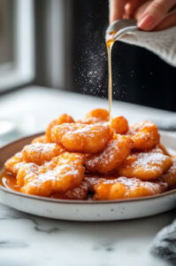 This image shows warm apple fritters being dipped or drizzled with a glaze for a sweet finishing touch.