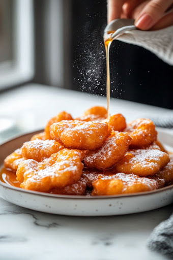 This image shows warm apple fritters being dipped or drizzled with a glaze for a sweet finishing touch.