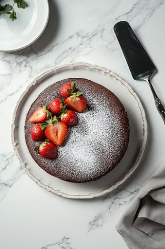 This image shows powdered sugar being lightly dusted over the top of the cake using a fine sieve.