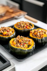 This image shows the roasted acorn squash halves being filled with the prepared quinoa stuffing, creating a hearty and colorful filling.