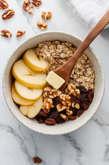 This image shows a spoon filling each cored apple with a generous amount of oat and brown sugar mixture.]