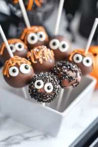 Melted semi-sweet chocolate chips mixed with coconut oil are being piped onto the ghost cake pops, forming spooky faces. The pops sit on the white marble cooktop, ready to set.