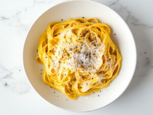 This image shows the finished Pumpkin Alfredo Pasta in a white bowl, topped with extra Parmesan cheese and seasoned to taste, ready to be served.