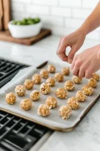 Hands lightly greased with butter or oil are shaping the caramel-coated popcorn into balls on a parchment-lined baking sheet over the white marble cooktop, forming uniform popcorn clusters.