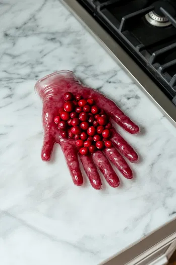 The filled rubber glove is placed in the freezer over the white marble cooktop, where it will freeze solid for several days to form the spooky hand