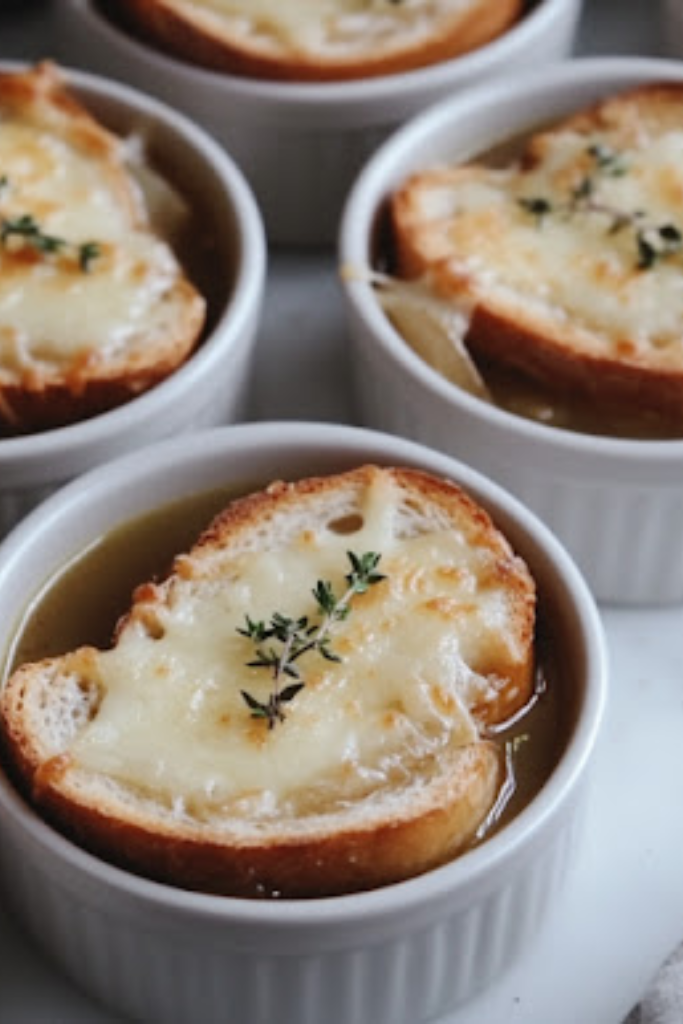 The image shows French-Onion-Soup ready to serve