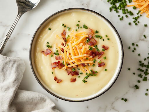 this image shows A bowl of potato soup garnished with crispy bacon, ready to be served.