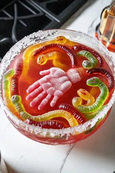 Gummy snakes are placed around the frozen hand in the punch bowl on the white marble cooktop, adding a spooky touch to the punch. The punch is ready to be served cold!