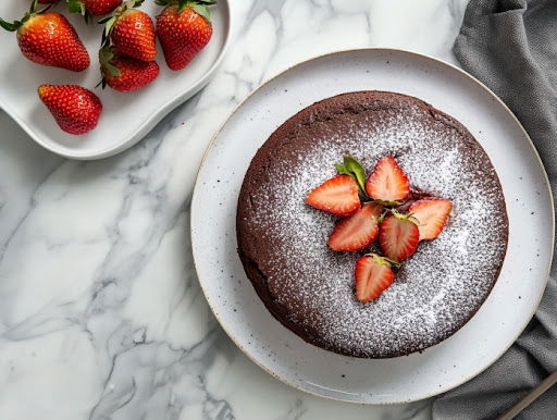 This image shows a soy-free cake beautifully garnished with fresh, thinly sliced strawberries arranged on top.