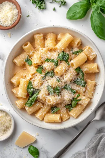 This image shows freshly chopped basil and grated Parmesan cheese being sprinkled over the rigatoni for a flavorful finish.