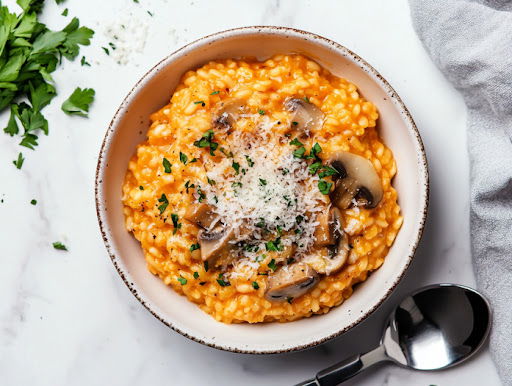 This image shows the finished risotto, seasoned with salt, pepper, and garnished with fresh parsley.