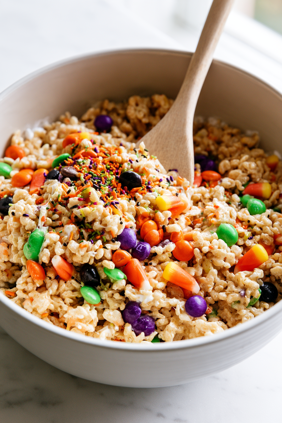 Gently fold in Halloween M&Ms, sprinkles, and candy corn.