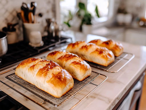 This image shows the freshly baked loaves being removed from the pans and cooling on wire racks.