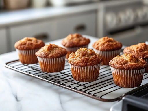 This image shows the freshly baked maple muffins cooling on a wire rack after baking.