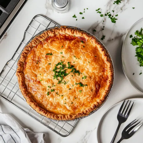 This image shows a golden, flaky Chicken Pot Pie with crimped edges and steam escaping from slits in the top crust, fresh from the oven.