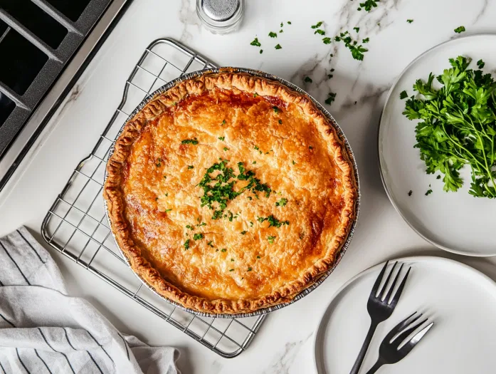 This image shows a golden, flaky Chicken Pot Pie with crimped edges and steam escaping from slits in the top crust, fresh from the oven.