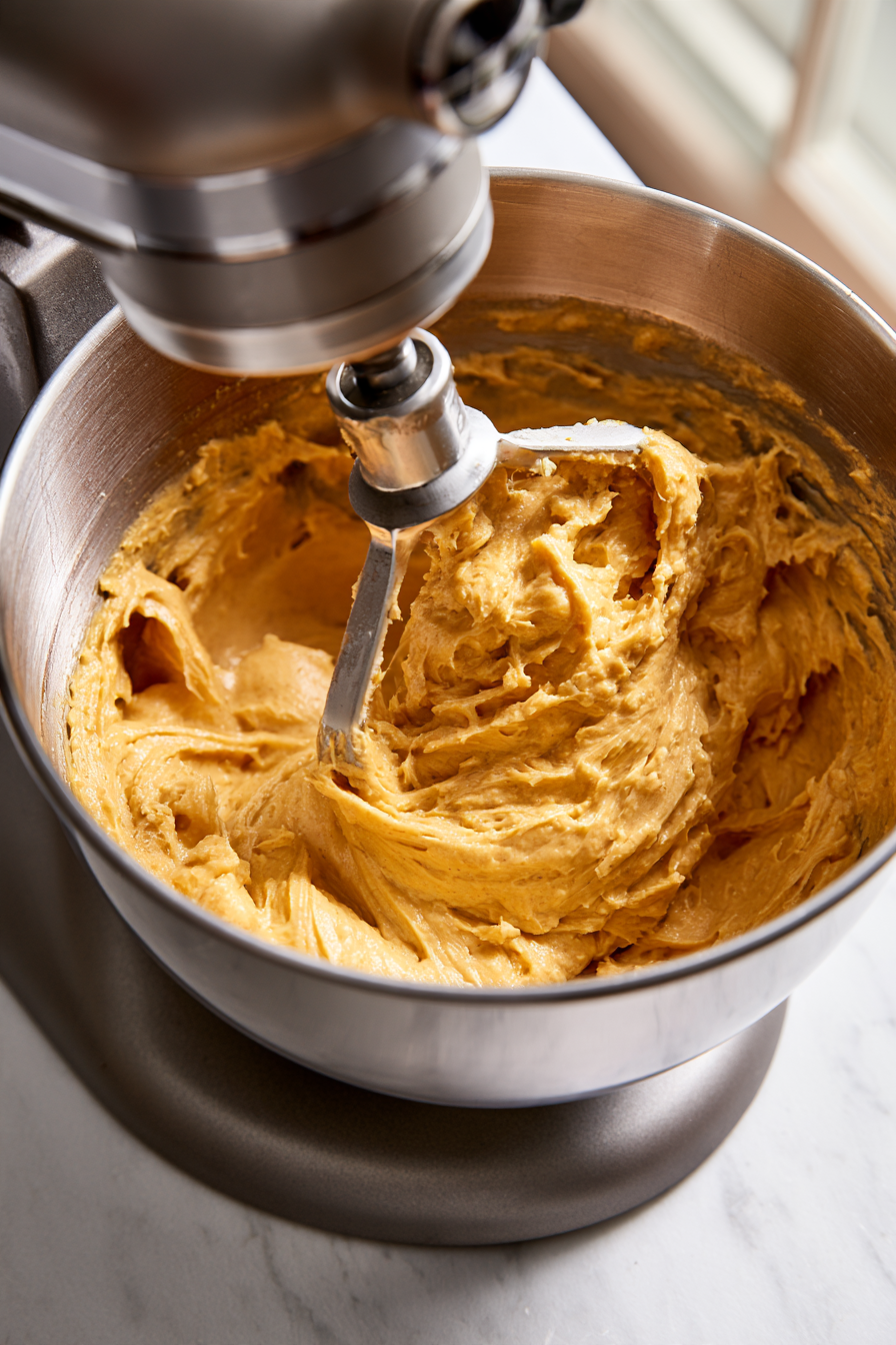 Gradually mix the pumpkin mixture into the cream cheese mixture on low speed until blended