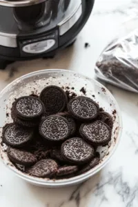 A food processor on the white marble cooktop, grinding 12 Oreo cookies into fine crumbs. The remaining Oreos are crushed inside a large Ziploc bag with a heavy object nearby, ready to be set aside.