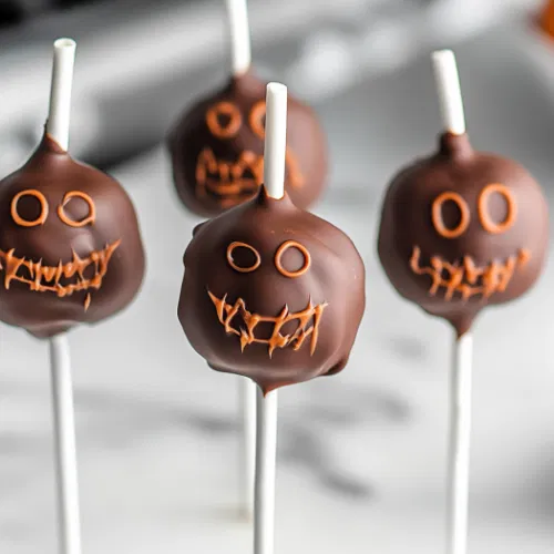 The cake pops are being placed in the fridge on the white marble cooktop to set for 30 minutes. They are ready to serve as fun and spooky Halloween treats!