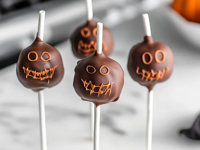 The cake pops are being placed in the fridge on the white marble cooktop to set for 30 minutes. They are ready to serve as fun and spooky Halloween treats!