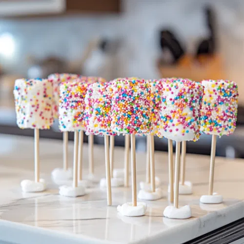 The finished marshmallow pops stand upright on the white marble cooktop, fully decorated and set, ready to be enjoyed