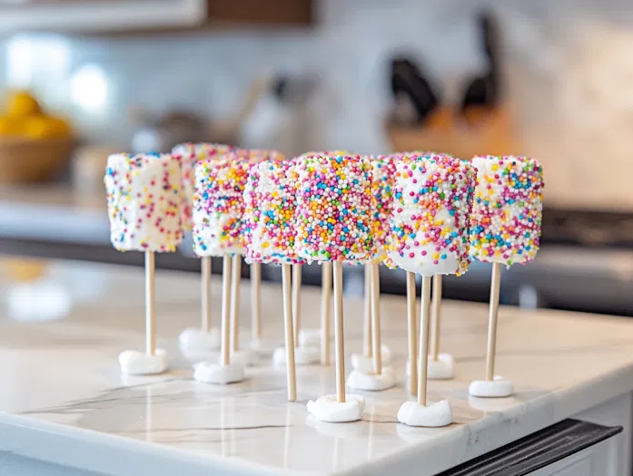 The finished marshmallow pops stand upright on the white marble cooktop, fully decorated and set, ready to be enjoyed