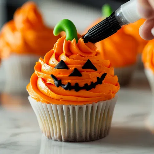 Orange buttercream is piped in bands from the bottom to the top of a cupcake on the white marble cooktop. A green stem and black face are added for a pumpkin design.