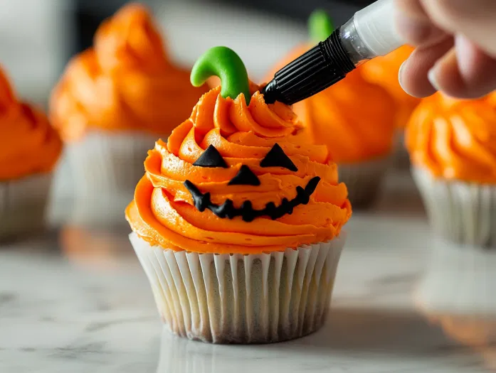 Orange buttercream is piped in bands from the bottom to the top of a cupcake on the white marble cooktop. A green stem and black face are added for a pumpkin design.