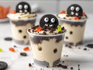 The final layer of Oreo crumbs on top of the mousse in each cup, decorated with Milano tombstones, gummy worms, and edible candy eyes. The dirt cups are ready to serve on the white marble cooktop.