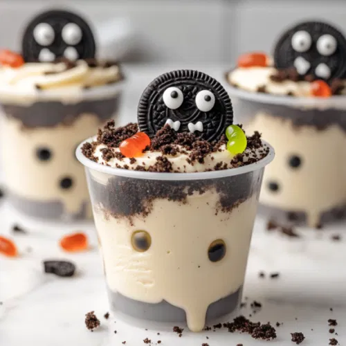 The final layer of Oreo crumbs on top of the mousse in each cup, decorated with Milano tombstones, gummy worms, and edible candy eyes. The dirt cups are ready to serve on the white marble cooktop.